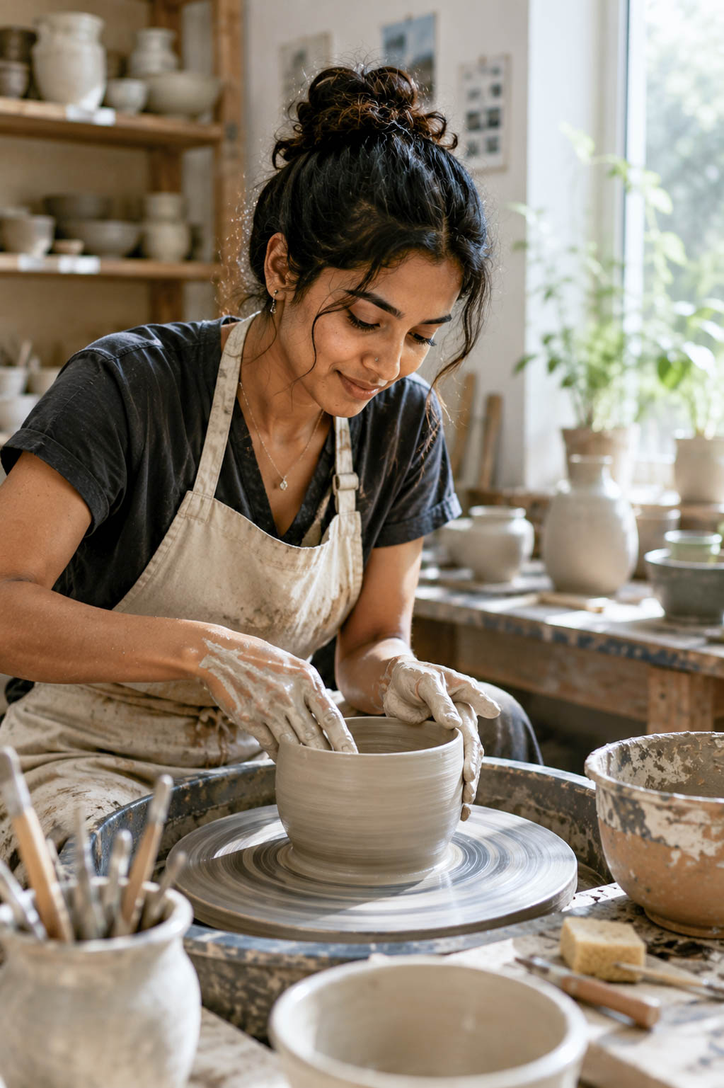 A female creator at the pottery wheel with a grounded presence — the Generator energy in Human Design