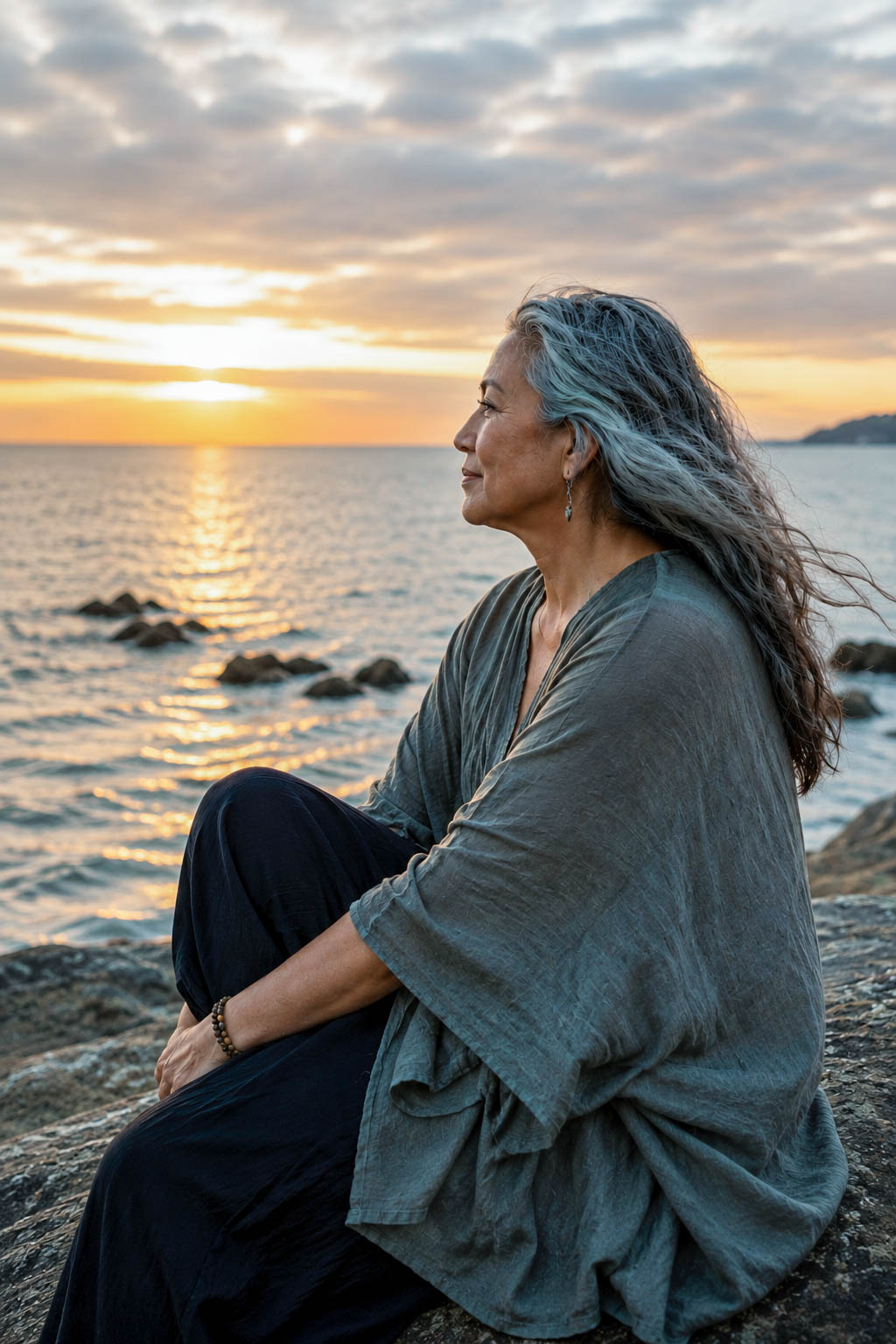 A serene, receptive woman embodying the Reflector energy in Human Design — the rarest type